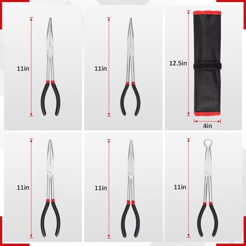 5Pcs Bent Nose Pliers 11 Inch Extra Long Needle Nose Pliers Set | Straight, 25°/45°/90° Bent, Circle Nose for Narrow Spaces, Hard to Reach Areas & Precision Work