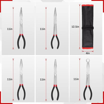 5Pcs Bent Nose Pliers 11 Inch Extra Long Needle Nose Pliers Set | Straight, 25°/45°/90° Bent, Circle Nose for Narrow Spaces, Hard to Reach Areas & Precision Work
