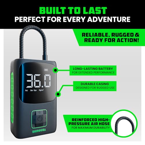 Rhino USA Tire Inflator Portable Air Compressor (150 PSI) Upgraded Air Pump for Car Tires with Digital Pressure Gauge - Best Mini Air Pump for Bike Tires with Dual LCD Screen (Black & Green)
