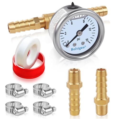 Boltigen Fuel Pressure Gauge, 0-15psi Fuel Pressure Gauge Kit, Glycerin Filled Fuel Pressure Regulator with Gauge for Car, 1/8'' NPT Inline Fuel Pressure Guage with 3/8'' 5/16'' Barb - color: White