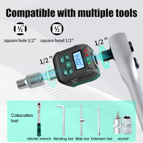 1/2" Digital Torque Wrench Adapter 7.5-250 ft-lb (10-340 Nm) | ±2% Accuracy, with 1/4"&3/8" Adapters, Buzzer & LED Alerts, Working with Ratchet Wrench, Breaker Bar