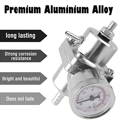 BARTOO Universal Adjustable Fuel Pressure Regulator Kit, Aluminum Fuel Regulator,Adjustable Gas Oil Injection Pressure Regulator with 0-140 PSI Gauge -Silver - color: Silver