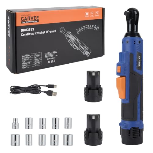 Garvee 3/8" Cordless Ratchet Wrench Set, 45Nm High Torque Electric Ratchet with 300RPM Variable Speed, Data Cable, 21V Max & 2×2.0Ah Batteries, 10 Sockets, LED Work Light