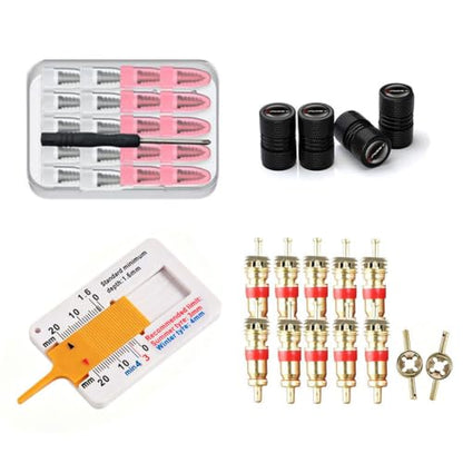 Tire Repair kit with Spiral Rubber Plugs, Tread Gauge, Valve cores & Valve caps | Easy operation, fast repair tire punctures, emergency fix for punctured tires of cars, motorcycles, trucks and more
