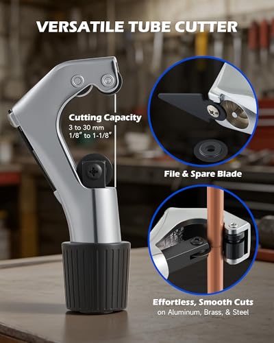 OMT Single Flaring Tool & Swaging Tool Kit for HVAC Tubing, 1/8"-3/4" | 45-degree single flares, tube cutter, ratchet wrench, 5 swaging adapters, zinc-plated steel, for copper aluminum soft metals