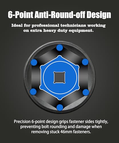 1/2" Drive 46mm Deep Impact Socket, 6-Point CR-MO Steel | CR-MO steel impact socket set. 1/2" drive, 6-point design. Deep reach for lug nuts & axle nuts. - size: 46mm