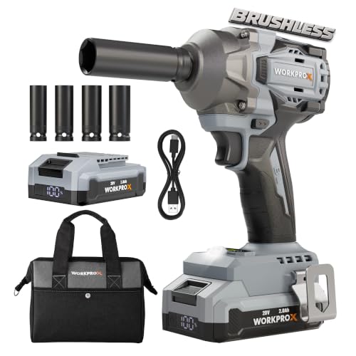 WORKPROX 20V Cordless Impact Wrench Brushless, 440 Ft-Ibs 1/2 Impact Gun | 600N.m High Torque Electric Impact Driver for Car Tire Change, Mower, Pickup & Home Repair, 3 Speeds, LED, 4 Sockets