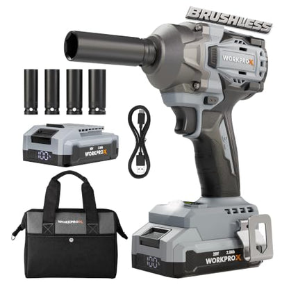 WORKPROX 20V Cordless Impact Wrench Brushless, 440 Ft-Ibs 1/2 Impact Gun | 600N.m High Torque Electric Impact Driver for Car Tire Change, Mower, Pickup & Home Repair, 3 Speeds, LED, 4 Sockets