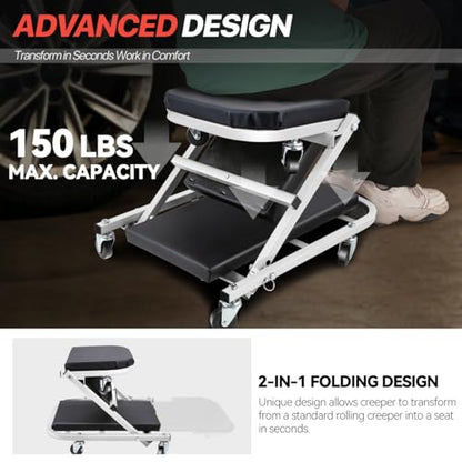 Foldable Creeper, 2-in-1 Rolling Garage Z Creeper Car & Seat, 40" Roller Mechanics Under Car Chair, 330 LBS Weight Capacity Heavy Duty, Silver/Black - color: Silver/Black, size: 40 Inch Length