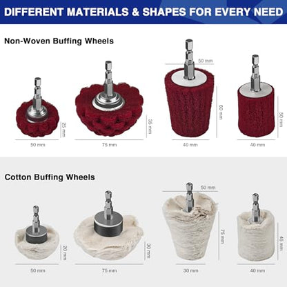 8PCS Buffing Wheels for Drill, Non-Woven & Cotton Polishing Wheels for Drill 1/4" Secure Hex Shank, Rust Removal and Mirror Finish for Car Motorcycle Wheel Rim Headlight Metal Aluminum Brass