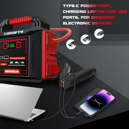 Heavy Duty Trucks 18000A 12V Car Jump Starter Portable Power Bank with PD 60W Two-Way Fast-Charging, Battery Booster Pack for Truck, Diesel, RV, SUV, and All Gas Engines