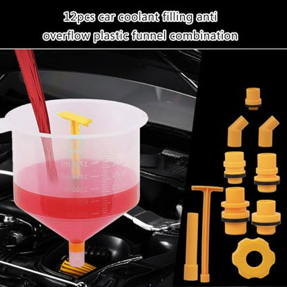 Professional 12Piece Car Coolant Refills Filling Funnel Spout Combination Overflows for Fluid Refilling None Leaks Funnel Systems
