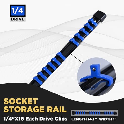 Socket Organizer, 1/4-Inch Drive Heavy Duty Socket Holder Kit ABS, Socket Rail 1/4-Inch x 16 Clips Blue, 3 Pieces - color: Blue, size: 3PC 1/4x3