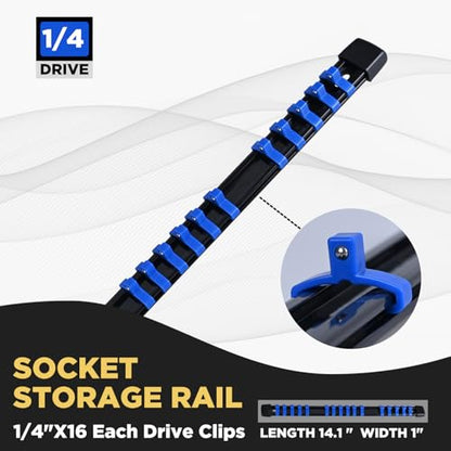 Socket Organizer, 1/4-Inch Drive Heavy Duty Socket Holder Kit ABS, Socket Rail 1/4-Inch x 16 Clips Blue, 3 Pieces - color: Blue, size: 3PC 1/4x3