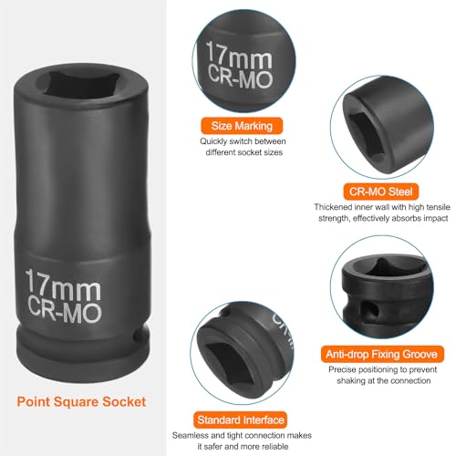 HARFINGTON 4 Point Square Socket 3/4" Drive 17mm Metric Square Impact Socket CR-MO Blackening Standard Wheel Sleeve Pneumatic Sleeve Tool for Auto Repair Mechanical Maintenance Home Use - size: 3/4"/17mm