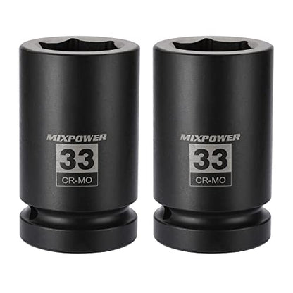 MIXPOWER 2 Pieces 1 Inch Drive Deep Impact Socket, CR-MO, 33mm, 6 Point, Radius Corner Design, Axle Nut Impact Grade Socket for Easy Removal, 2PCS Set - size: 33mm (2 Pieces)