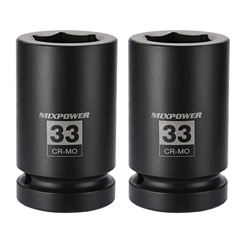 MIXPOWER 2 Pieces 1 Inch Drive Deep Impact Socket, CR-MO, 33mm, 6 Point, Radius Corner Design, Axle Nut Impact Grade Socket for Easy Removal, 2PCS Set - size: 33mm (2 Pieces)