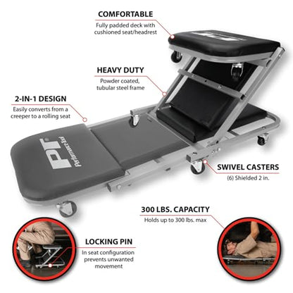 Performance Tool W85018 40-Inch Folding Creeper Rolling Seat, All-in-One Adjustable Roller Garage Chair, Lay Down or Sit, 330LBS Capacity Under Car Roller Creeper with 6 Swivel Casters - style: 2-in-1 40" Z-Frame Folding Creeper