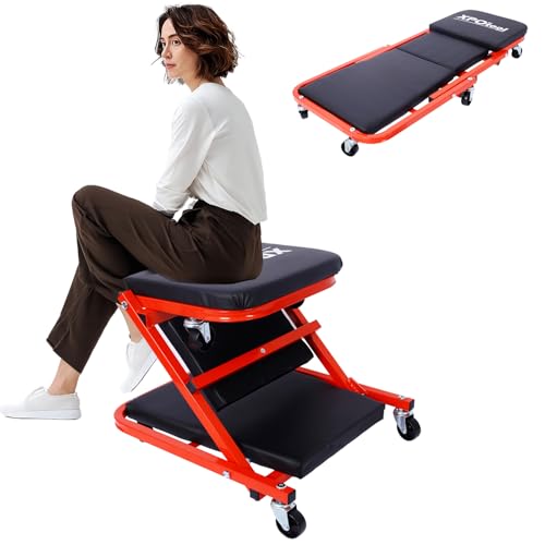 2-in-1 Mechanic Creeper, 36" Z Creeper Seat, 330 LBS Capacity, Folding Creepers Automotive with 6 Wheels, Low Profile Creepers for Garage Shop, Crawler for Mechanic (Red+Black) - color: Red+black