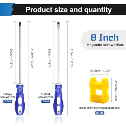 2-Pack 8 Inch Slotted & Phillips Screwdriver Set, Long Phillips and Flat Head Magnetic Screwdriver with Rubber Handle - size: 8 Inch