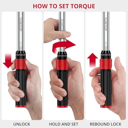 XUNTOP 22Pcs Torque Wrench Set 1/4 Inch Torque Wrench with 3.69–18.44 Ft-LB Range 72 Tooth Drive Rachet Torque Wrench with Hex/Phillips/Torx Bits for Bike Motorcycle Car Tire Auto Repair