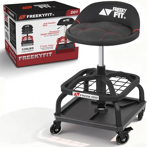 Rolling Shop Stool with Wheels, Garage Work Mechanic Stool with Backrest, Roller Mechanic Chair, Adjustable Height, 360° Swivel, Tool Tray Storage, 330 LBS Capacity, Heavy Duty, Black - color: Black