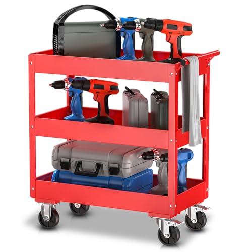Auto Dynasty 3-Tier Rolling Service Cart 330 lbs Capacity Tool Cart on Wheels Heavy Duty Utility Cart for Warehouse, Garage and Mechanic Work, Red - size: 330lbs