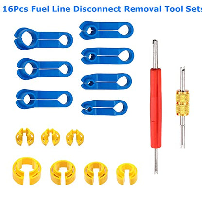 CXGS AC Fuel Line Disconnect Tool 16Pcs Universal Fuel Line Quick Disconnect Fitting Hose Kits Car Transmission Oil Cooler Tube Removal Tool Fuel Line Tool Set - 1/4 5/16 3/8 1/2 5/8 3/4 7/8 Inch