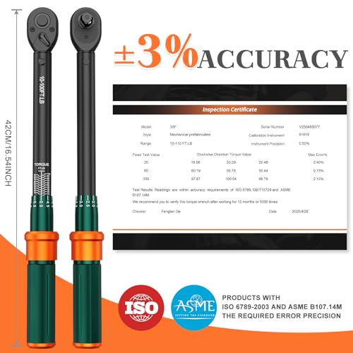 3/8" Click Torque Wrench, 10-100 Ft-Lb, 72-Tooth, ±3% Accuracy | Dual Direction Reversible Ratchet Head, Quick Release, for Spark Plug, Brake Caliper, Motorcycle, Automotive & Engine Repair - size: 10-100 ft.lb（3/8-Inch）