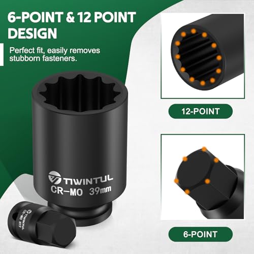 1/2" Drive Axle Nut Socket Set, 12 Point Spindle Impact Socket | 10Pcs Deep Impact Socket Set 14/17/19/30/32/34/35/36/38/39mm for DIY Car, Heavy Equipment Maintenance, Auto - size: 10pcs-1/2"