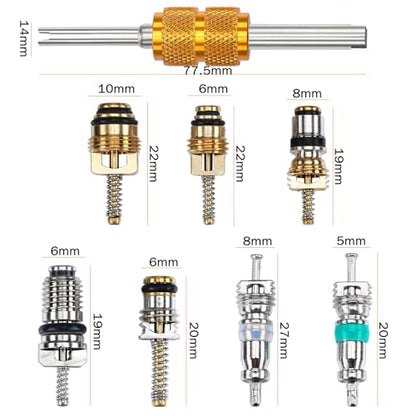 Frienda 56Pcs R134a R12 AC Valve Core Quick Remover Installer Tool Kit, Universal Automotive Air Conditioning Valve Stem Cores Brass Replacement Assortment for Car Refrigeration Tire