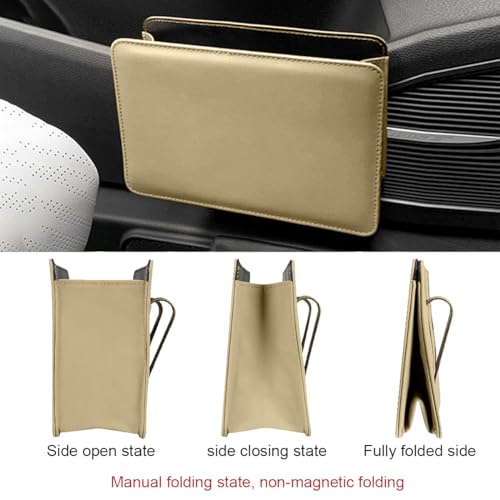 Car Trash Can, Auto Leather Trash Bin Garbage Organizer Holder with One Roll Trash Bag, Mini Foldable Dustbin Storage Bag Container, Multi-Function Trash Box for Car SUV (Beige) - color: Beige