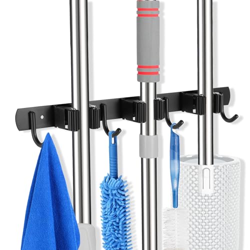 voze 3 Racks and 4 Hooks Mop and Broom Holder Wall Mount, Self Adhesive Heavy Duty Broom Organizer Storage Tool Racks for Kitchen Garden Laundry Garage - color: Black, size: 3 Racks 4 Hooks