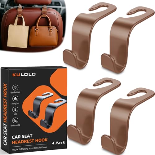 Car Seat Hooks & Purse Holder - 4 Pack Boxed,55 lb Heavy Duty,Eco PP Car Hooks for Purse/Bag/Baby Gear/Gym Bag/Groceries/Cup/,Fits 0.32-0.55”Car Headrest Rods (Brown) - color: Brown