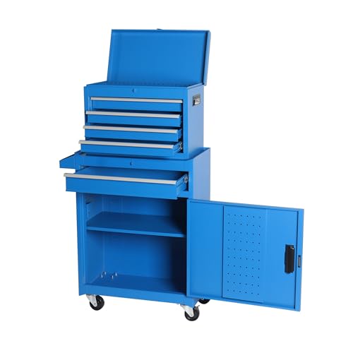 5-Drawer Rolling Tool Chest with Detachable Top Toolbox | Lockable Steel Tool Chest with Wheels,Drawer Liners,Enhanced Packaging for Garage,Workshop,Mechanic, Blue - color: Blue, style: 5 drawer-detachable