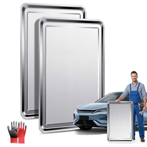 Stainless Steel Oil Drip Pan Set (2pcs, 23.6 × 15.7 × 0.8 in) with Gloves – Heavy Duty Metal Oil Drip Pan to Keep Floors Clean for Under Car & Garage Use - size: 23.6 × 15.7 × 0.8 in-2PCS