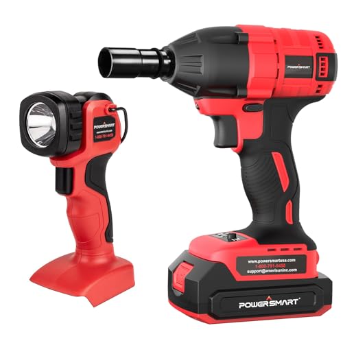 PowerSmart 20V Cordless Impact Wrench & LED Work Light, 1/2" Brushless Impact Gun Kit, 2.0Ah Battery, Charger & 5 Sockets, Electric Impact Wrench for Car Home - color: Brushless Pro & Led Light