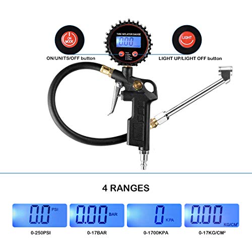 CZC AUTO Digital Tire Inflator Pressure Gauge, LED Display Tyre Deflator Gage with Dual Head Chuck Rubber Hose MNPT Fitting, Compatible with Air Pump Compressor for Truck RV Car Motorcycle Bike Bus