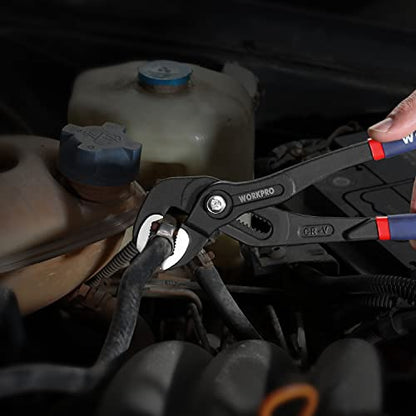 WORKPRO 10-Inch Groove Joint Pliers, Fast-Adjust Tongue and Groove Pliers | CR-V Water Pump Pliers with V-Jaw Design & Comfort Grips for Plumbing, Auto & Home Repair - size: 10-Inch