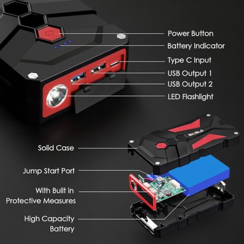 Jump Starter Car Jump Starter Auto Battery Booster Pack 5000A Peak 12V with USB-C Quick Charge,Lithium Jump Box with LED Light(Up to 7.0L Gas or 5.5L Diesel Engine) - color: Red