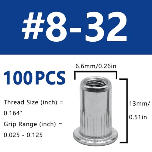 8-32 UNC Rivet Nut, 100Pcs 304 Stainless Steel Flat Head Rivnut Threaded Insert Nutsert - color: Silver, size: 8-32