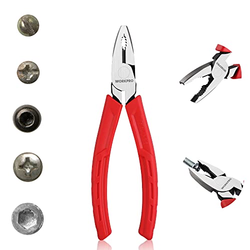 WORKPRO 6.5" Linesman S Screw Extractor Pliers(Combination Pliers) with Unique Non-slip Jaws, Stripped Screw Remover Tool, Lineman Plier for Quickly Removal of Damaged or Rusted Fasteners