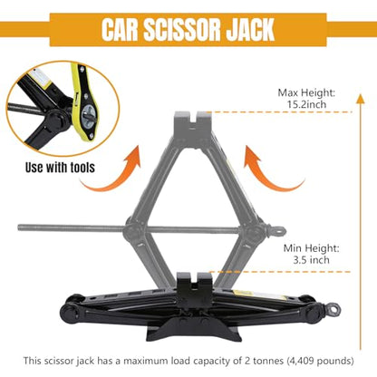 Hovom Scissor Jack for Car, 2 Ton (4409 lbs) Car Jack Kit with Ratchet Wrench, Lift Jacks Tool for Tire Changing Repair with Labor-Saving Handle, Portable Emergency Tool for SUV Truck MPV Sedan