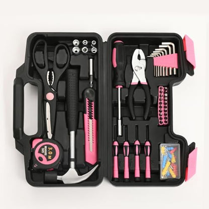 HANGYING 132-Piece Home Tool Kit for Women with Plastic Toolbox Pink | All Purpose Home Repair Tool Set with Storage Case, Women Small Tool Kit, Garage Office College Dorm & DIY Projects Use - color: Light Pink