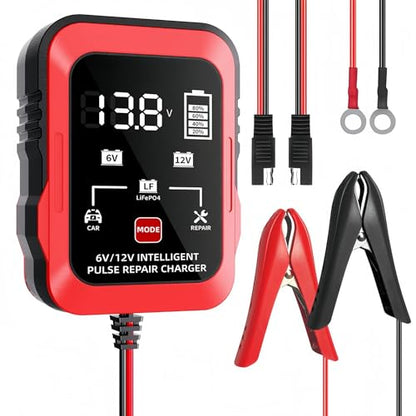 6V 12V Battery Charger 1.5A Automatic Battery Maintainer Trickle Charger Smart Float Charge, Auto Battery Repair Charger Desulfator for Car Motorcycle Lawn Mower Boat Lead Acid AGM LiFePO4 Batteries