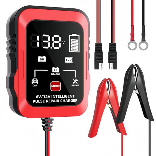 6V 12V Battery Charger 1.5A Automatic Battery Maintainer Trickle Charger Smart Float Charge, Auto Battery Repair Charger Desulfator for Car Motorcycle Lawn Mower Boat Lead Acid AGM LiFePO4 Batteries