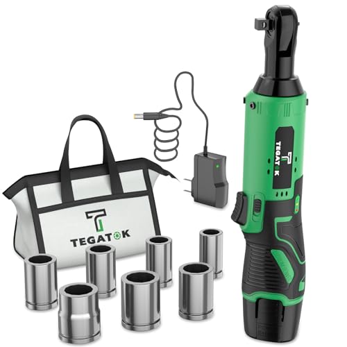 Tegatok Cordless Electric Ratchet Wrench Set, 40FT-LBS (45N.m) 3/8" Ratchet, 12V Cordless Ratchet Wrench, 2.0Ah Battery Electric Impact One Battery Green