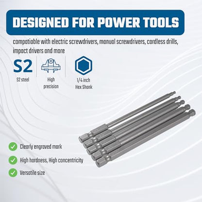 VESTTIO Ball End Hex Head Metric Allen Wrench Screwdriver Bit Set 5PCS 2.5mm 3mm 4mm 5mm 6mm 1/4 Inch Hex Shank 4 Inch/100 mm Length S2 Steel with Magnetic for Power Screwdriver Drill Impact Driver - size: 5 BALL / 4 inch