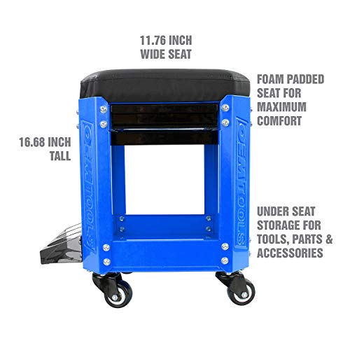 OEMTOOLS 24996 Blue Workshop Creeper Seat, Rolling Stool with Tool Storage, Mechanic Stool for Garage Work, 280 lb Capacity