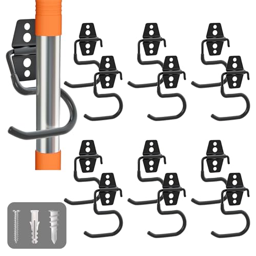 LIGHT DUST Broom Holder Wall Mount - 12 Pack Tool Hangers Garage Wall Hanging Organizer - Heavy Duty Metal Large S Hooks for Mop Shovel Rake Shed Garden Lawn Yard Handle Tools Organization (Black)